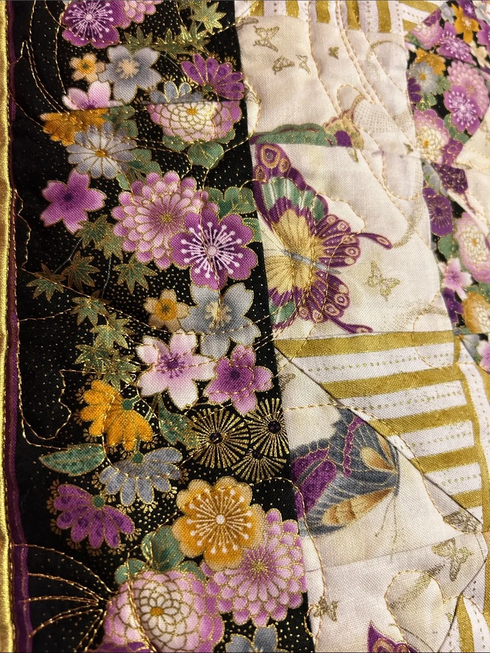 ONE OF A KIND - HANDCRAFTED Purple, gold and off-white Quilt.